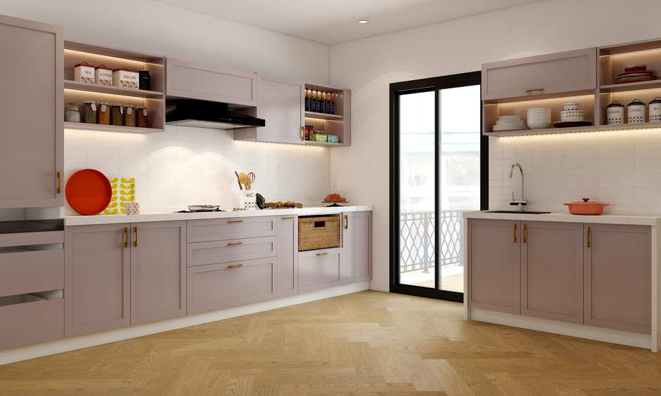 Simple wooden kitchen rack design with crockery unit and overhead cabinets for clean storage