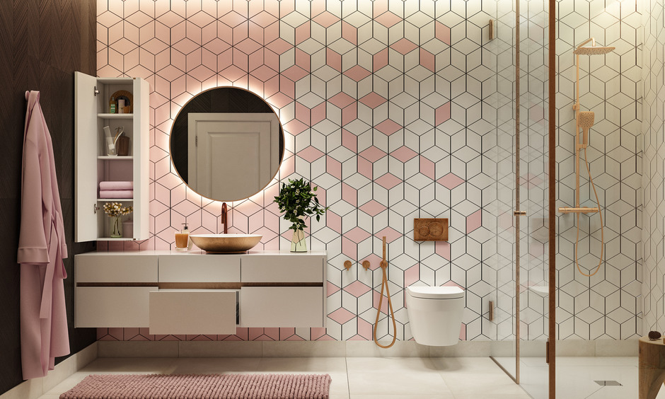 Small space Indian bathroom tiles design with mosaic-like pattern, glass shower enclosure, and storage racks.