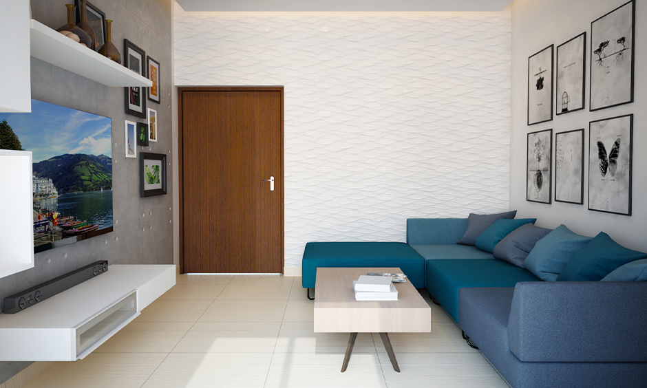Turquoise blue sofa with layered shades of blue, adding modern charm and personality to the living room