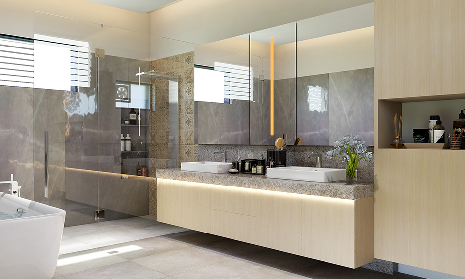 Close-up of washed grey bathroom floor tiles, durable and slip-resistant for heavy foot traffic.