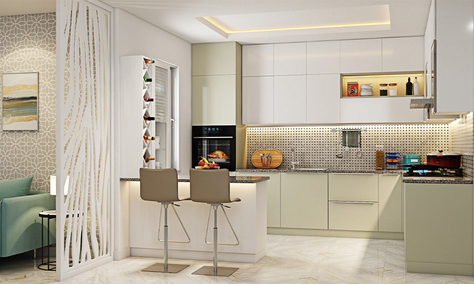 Wooden kitchen shelf rack with wine cabinet and open shelves for practical storage