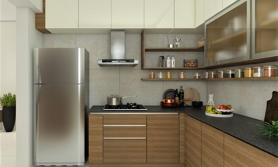 Wooden shelf rack for kitchen with frosted glass, storing spices and cookbooks neatly