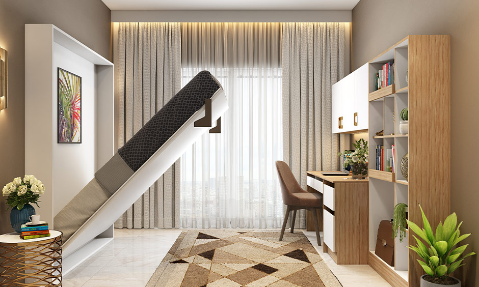 10 by 10 bedroom design with a Murphy bed that maximises space for a functional and stylish small room