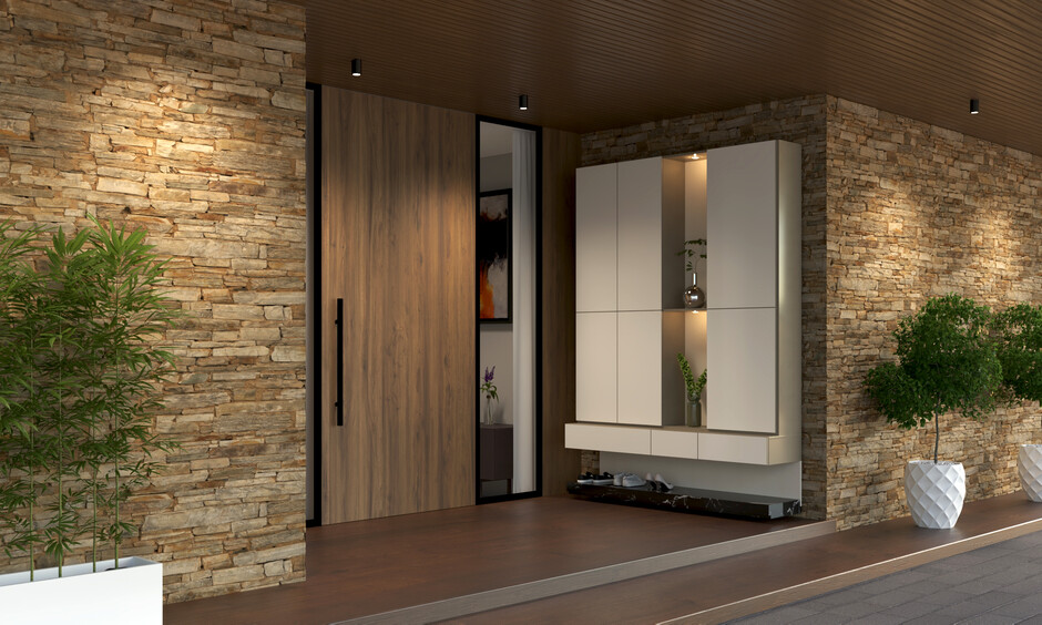 3D natural stone tiles for a unique and textured modern front wall design.