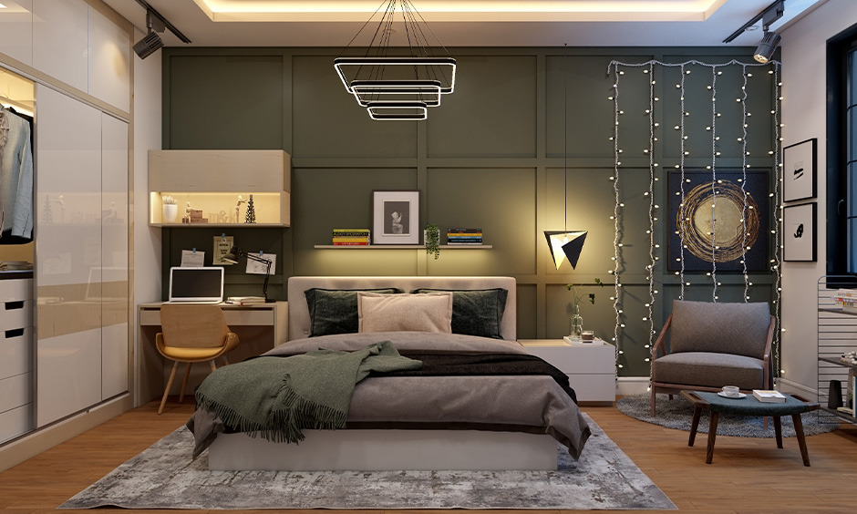 Well-organized bedroom layout with a central bed, side tables, and essential furniture for balanced functionality and charm.