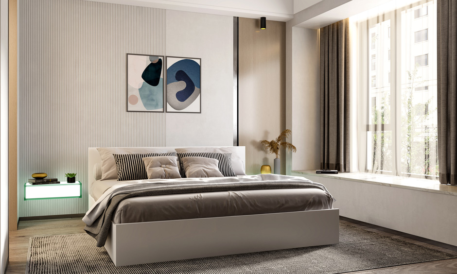 Floating glass bedside shelves maximizing space in a compact bedroom.