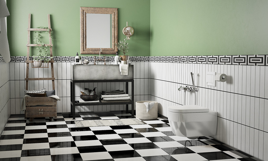 Dark tile bathroom design with black and white tiles, creating striking contrast and dramatic visual balance.