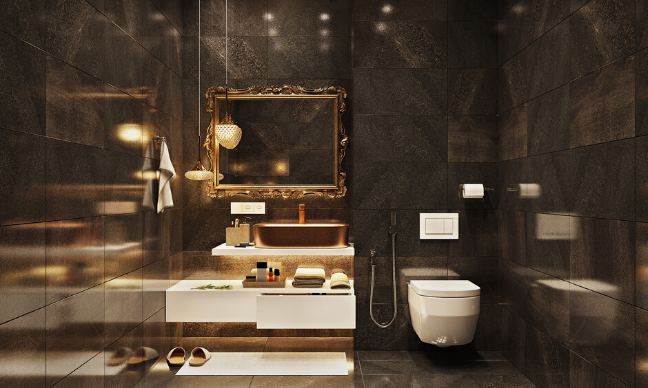 The black marble floor tile bathroom exudes luxury, sophistication, and opulence with natural veining and textures.