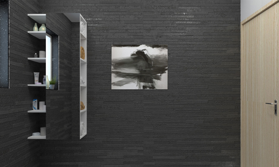 A bathroom with patterned black tiles adds elegance, movement, and a striking focal point.