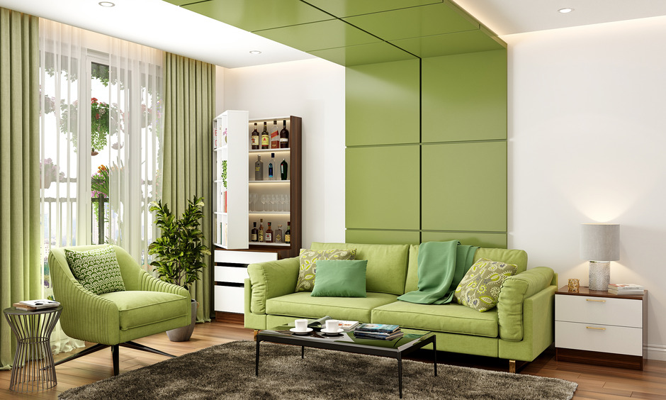 Vastu-inspired drawing room colours: White, Yellow, Green, Blue, and Beige for harmony and positivity.