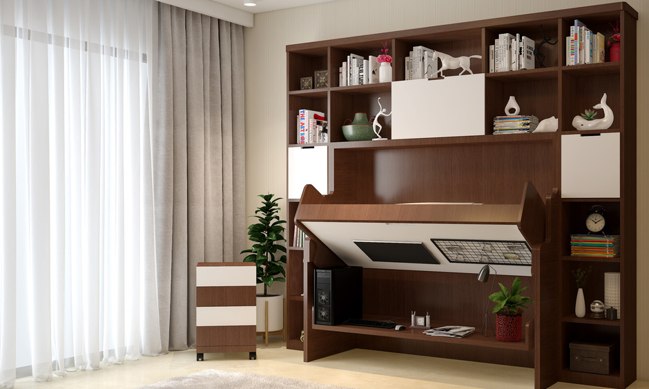 Foldable study table against a wall in a small room, showcasing space-saving and flexible design.