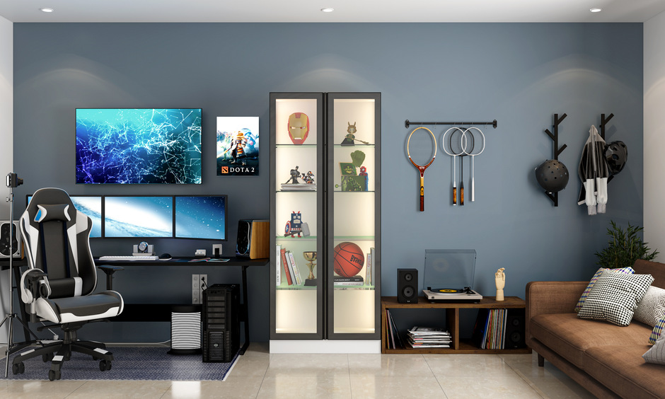 Sleek glass display shelves enhancing a modern entertainment room decor.
