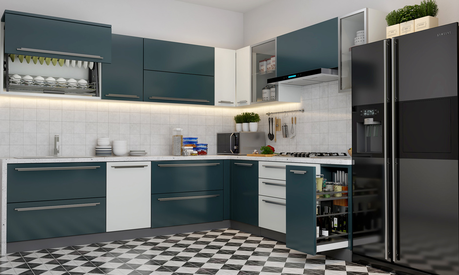 Luxurious kitchen design for 5 bhk flat with teal cabinets, white accents, and black-and-white tiles.