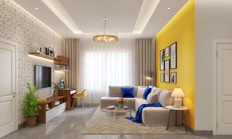 Bright, elegant 5 bhk living room with yellow walls, purple accents, and a comfortable L-shaped sofa.