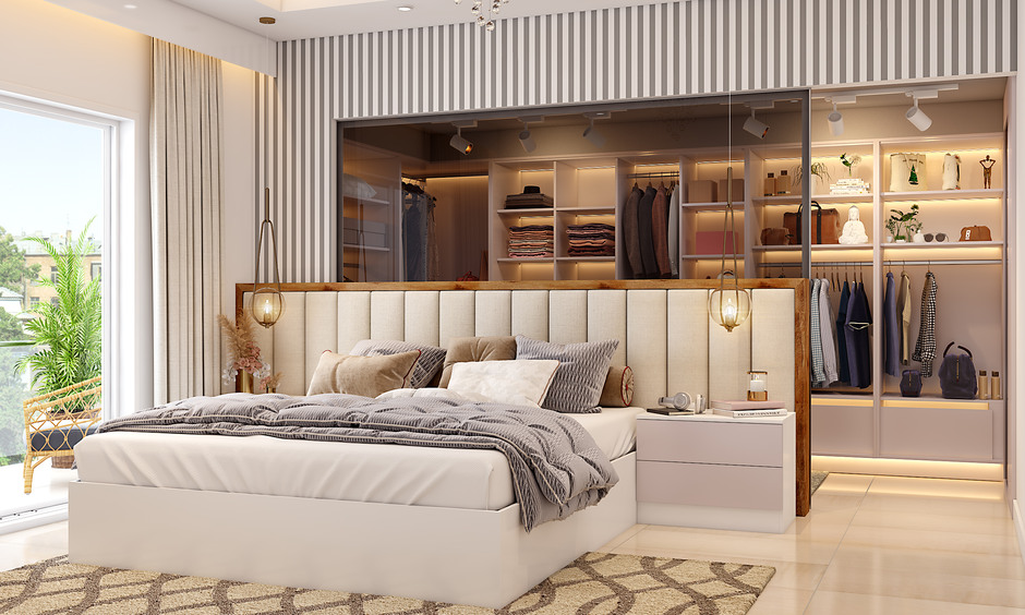 Luxury master bedroom decor ideas with striped accent wall, chic neutrals, and a sleek, space-saving wardrobe.