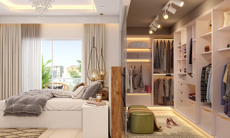 Master bedroom for 5 BHK flat with walk-in wardrobe, cosy tones, pendant lights & stylish curtain setup.