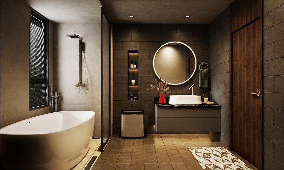 Matte black bathroom wall tiles enhance a minimalist, modern design aesthetic.
