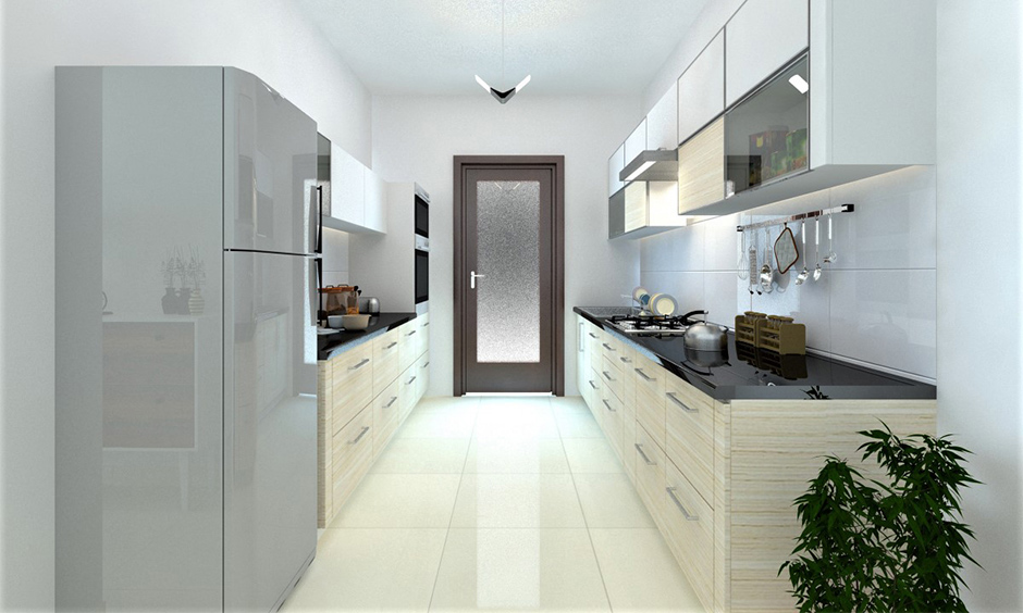 Minimalist modern kitchen door design with slim frames, ideal for small and narrow kitchen layouts