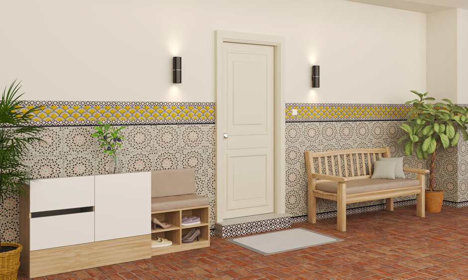 Vibrant Moroccan mosaic tiles for a colourful and artistic front wall design.