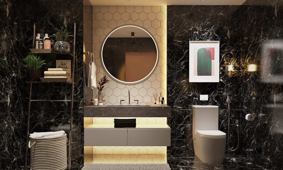 Black colour bathroom tiles with floral or geometric patterns add personality and visual interest to the space.
