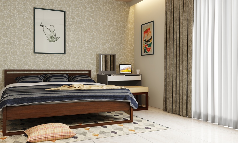 Durable plywood sunmica bed combines robustness with elegance, available in earthy and glossy colour options.