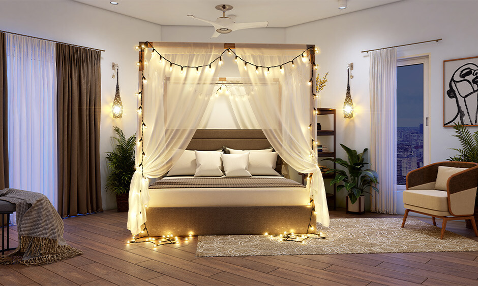 Romantic master bedroom decor with twinkling lights, sheer curtains, and a cosy canopy for a dreamy vibe.
