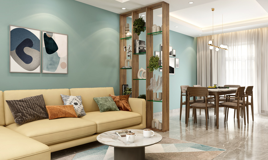Transparent glass shelving unit serving as a stylish room divider.