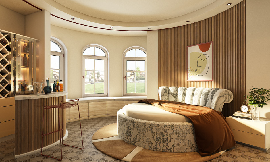 Round-shape bed with plush headboard, adding playfulness and comfort to a serene bedroom.