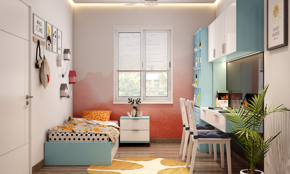 Single bed sunmica design for kids' rooms, blending fun and relaxation with stylish patterns and textures.