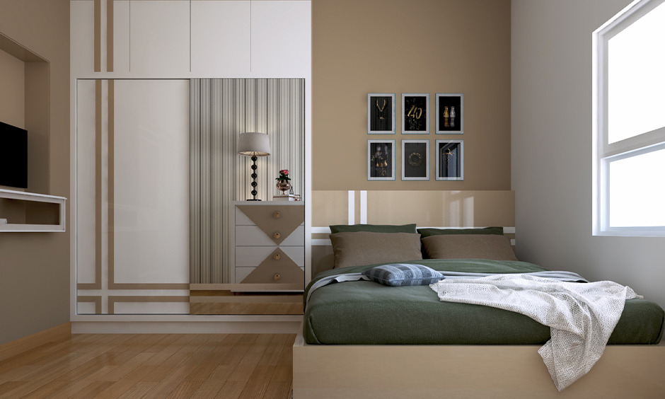 Space-efficient bedroom with smart furniture choices like a platform bed and floating shelves for a small room layout.