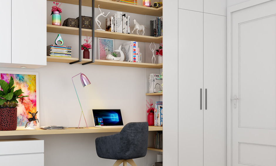 Study table design for small spaces integrated with wardrobe for efficient space-saving.