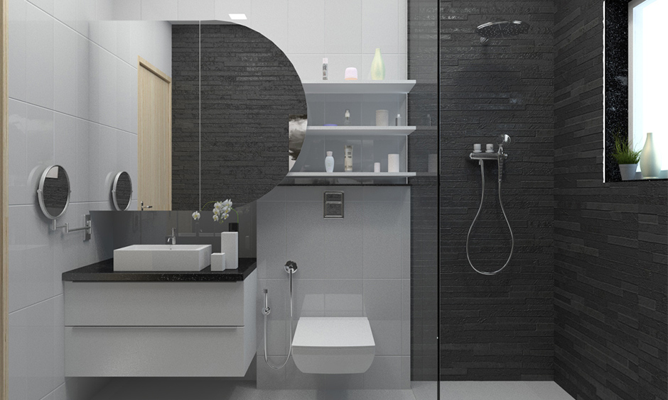 Black tile bathroom design with dark subway tiles in a brick pattern, blending timeless elegance with modern style.