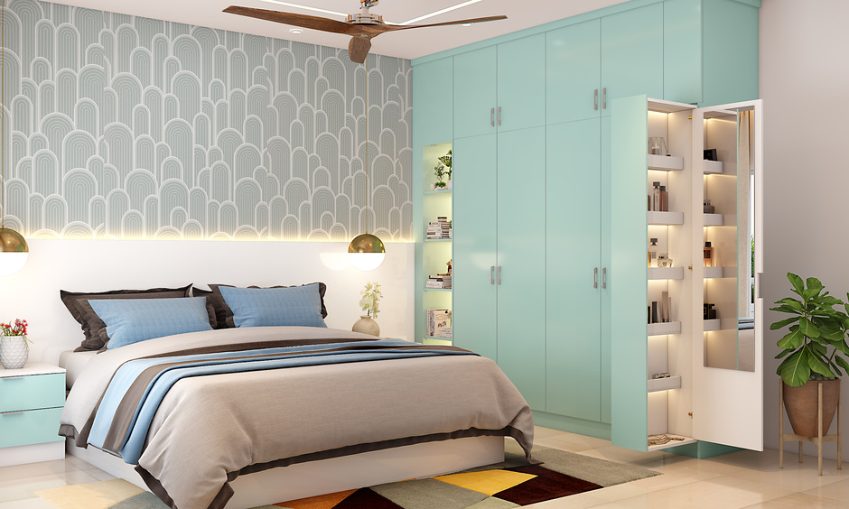 Modern master bedroom decor with sleek wardrobe, pull-out unit, and stylish, functional design.
