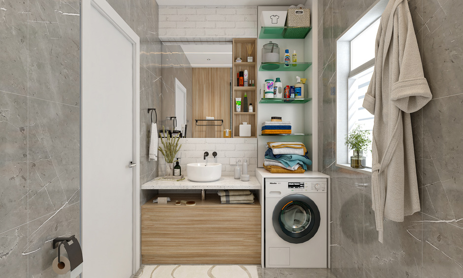 Wall-mounted glass shelves for bathroom storage, neatly organizing toiletries.