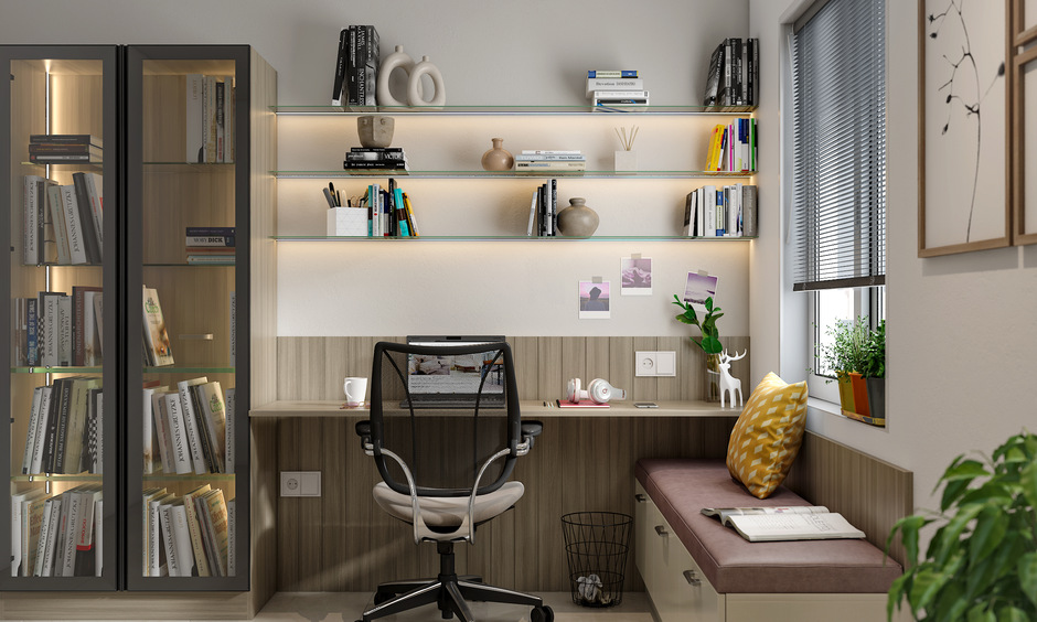 Wall-to-wall glass shelves in a minimalist home office with books and decor.