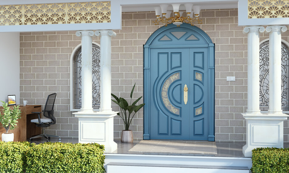 Crisp white tiles paired with a bright blue door for a fresh house-front design.
