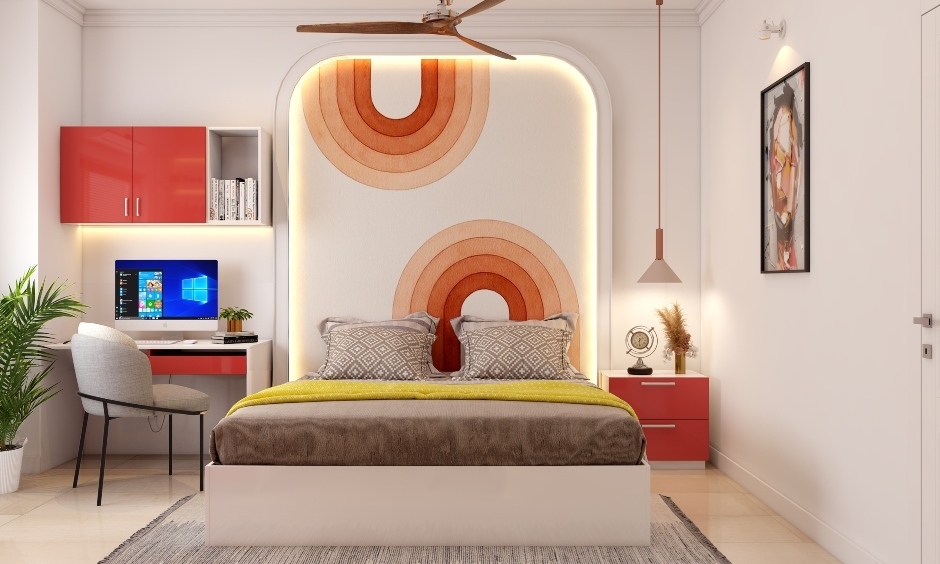 Elegant white sunmica bed design for versatile bedroom styles, creating a spacious and stylish ambience.