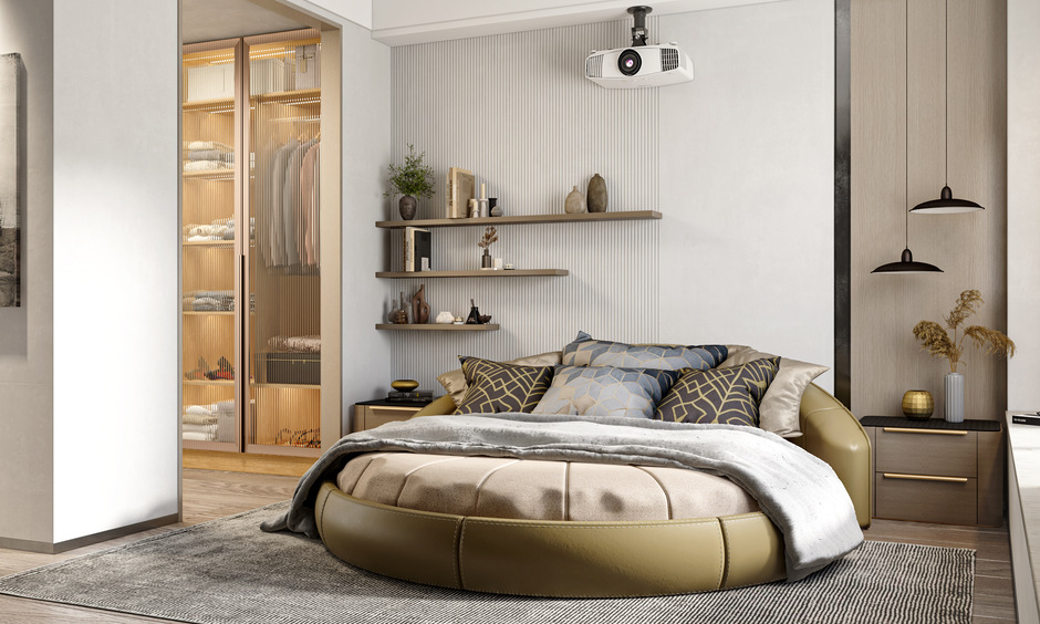 Stylish wooden round bed design with shelves for storage, blending nature and functionality.