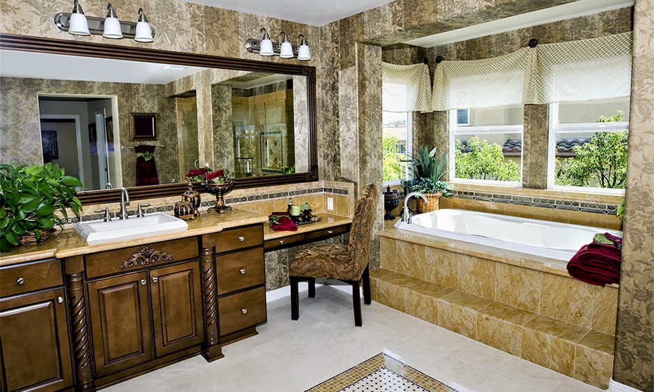 Trendy earthy bathroom colors like brown and olive green creating a calming, natural vibe.