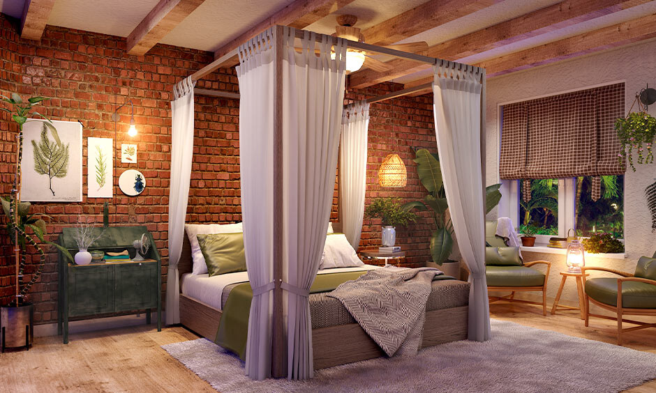 Charming bedroom cottage decor featuring rustic accessories like vintage clocks, wicker baskets, and ceramics.