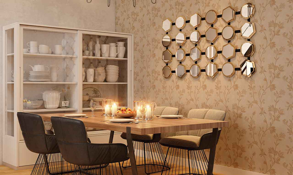 Elegant corner crockery almirah with multiple shelves and neutral wood tones for living room storage