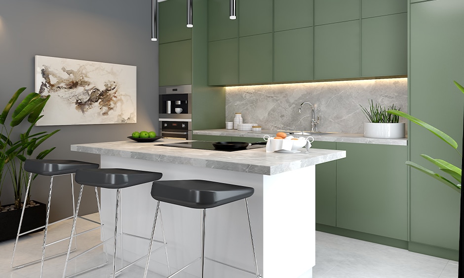 Contemporary style kitchen interior with olive green cabinets and the light grey accent wall