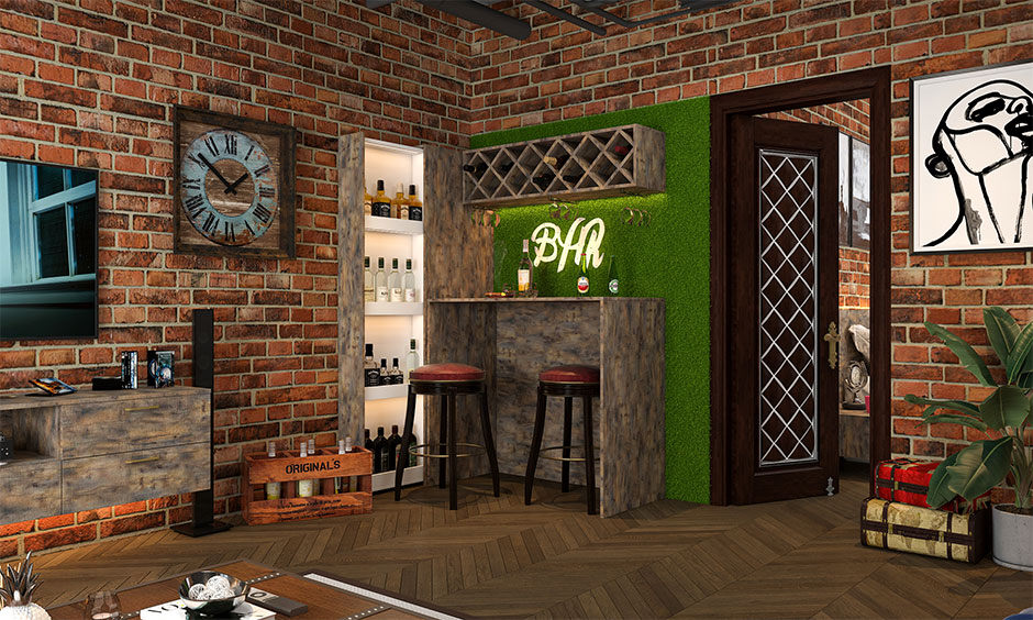 A sleek corner bar for living room with open countertop, wine rack, glass holder, and pull-out pantry.