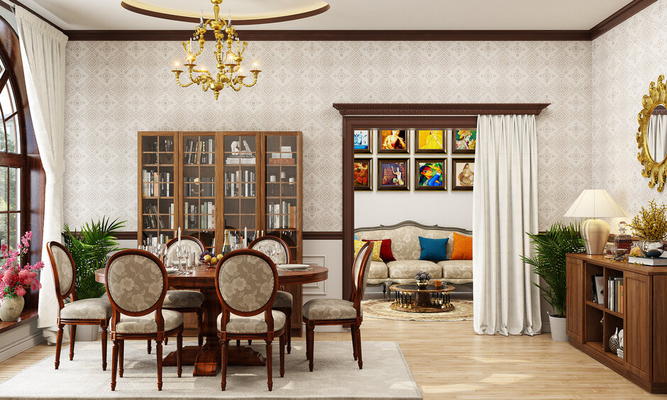 Modern dining hall interior with stylish furniture and functional design elements.