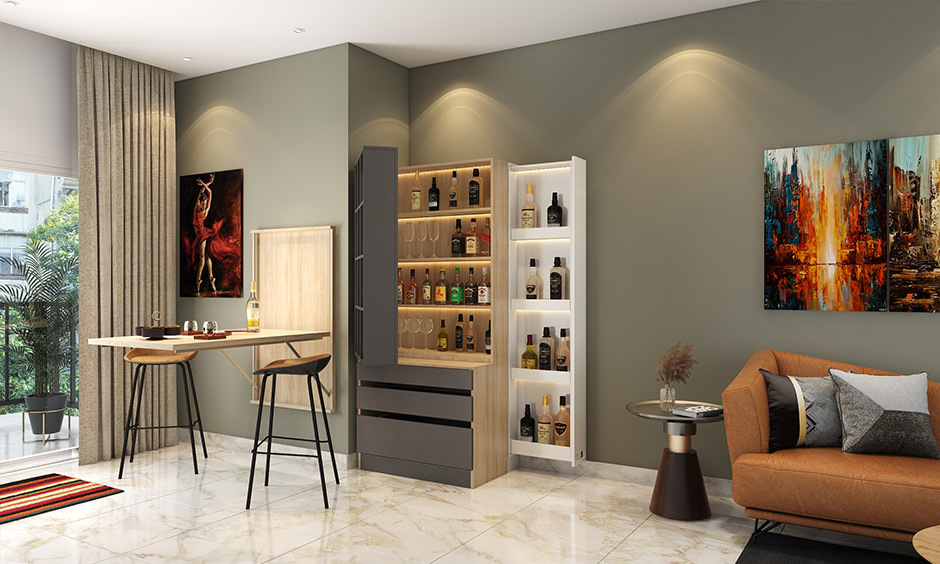 A multifunctional bar unit for living room with sleek design, hidden storage, and built-in lighting.