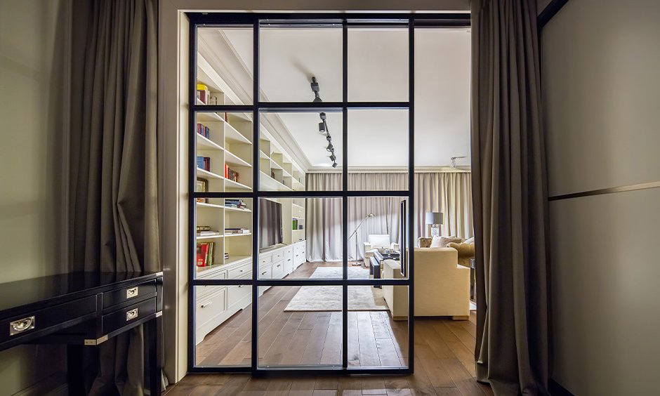 Japanese-style wooden sliding door with a chequered frame for a serene and elegant living room