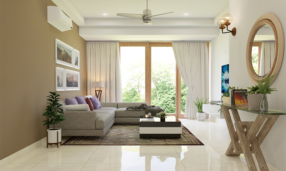 Light wooden sliding door blending seamlessly with greyish-brown accent walls in a modern interior.