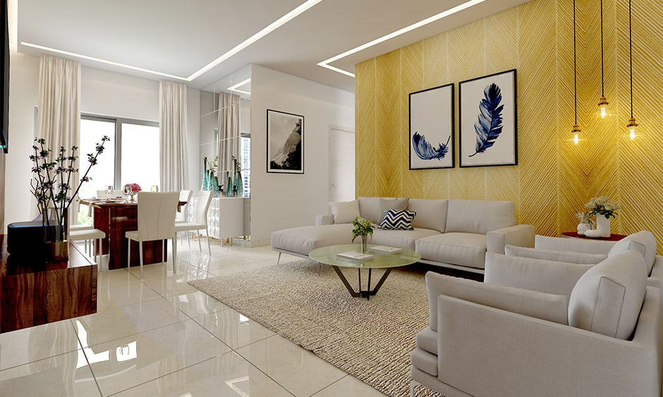 Living room contemporary interior design with light grey sofa, wooden furniture, and cosy area rug