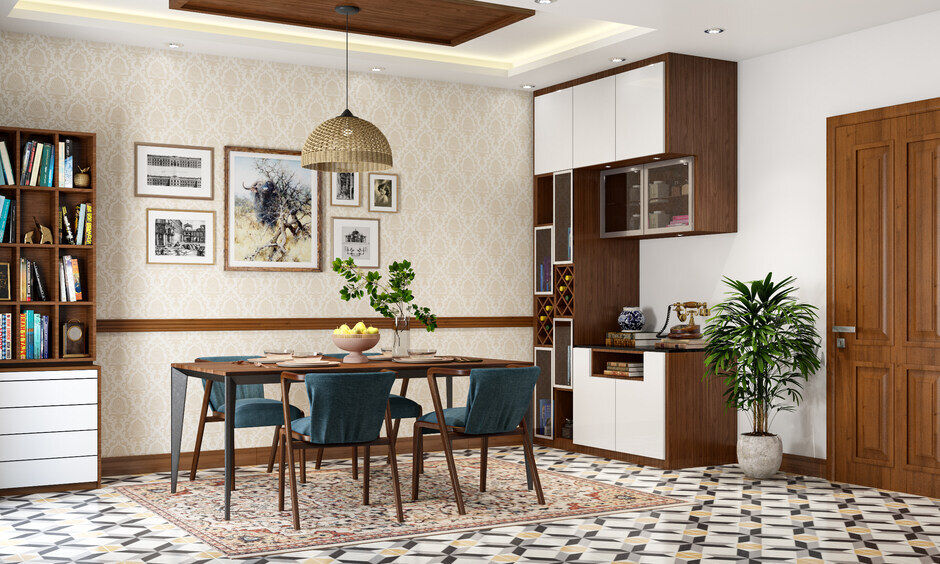 A mini bar design for living room with wooden accents, zig-zag pattern, and ample storage space.