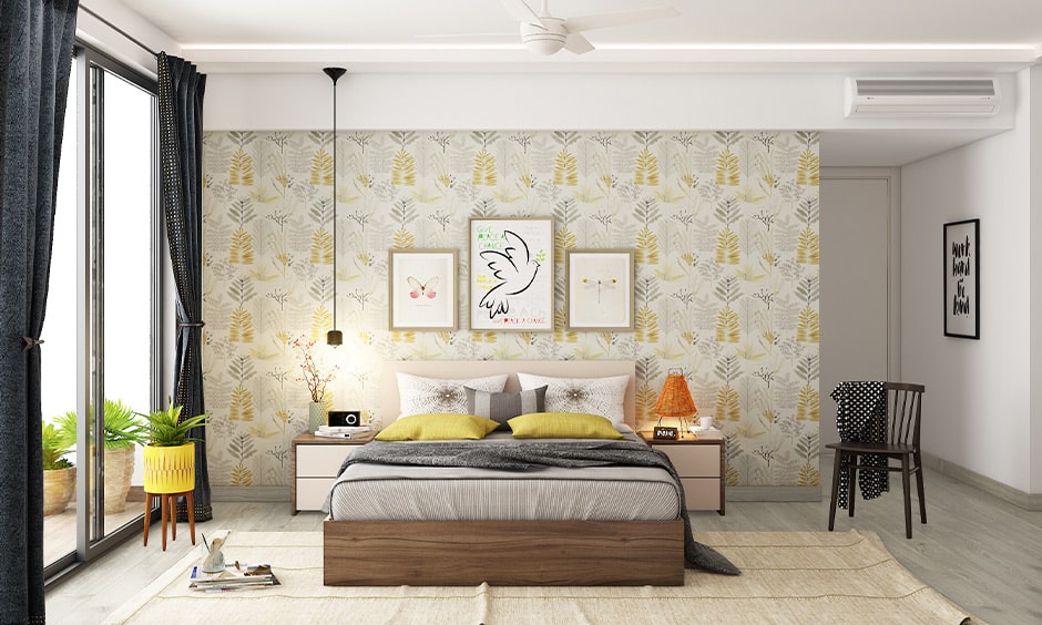 Minimalist contemporary style bedroom interior with warm textures, elegant decor, and cosy bedding